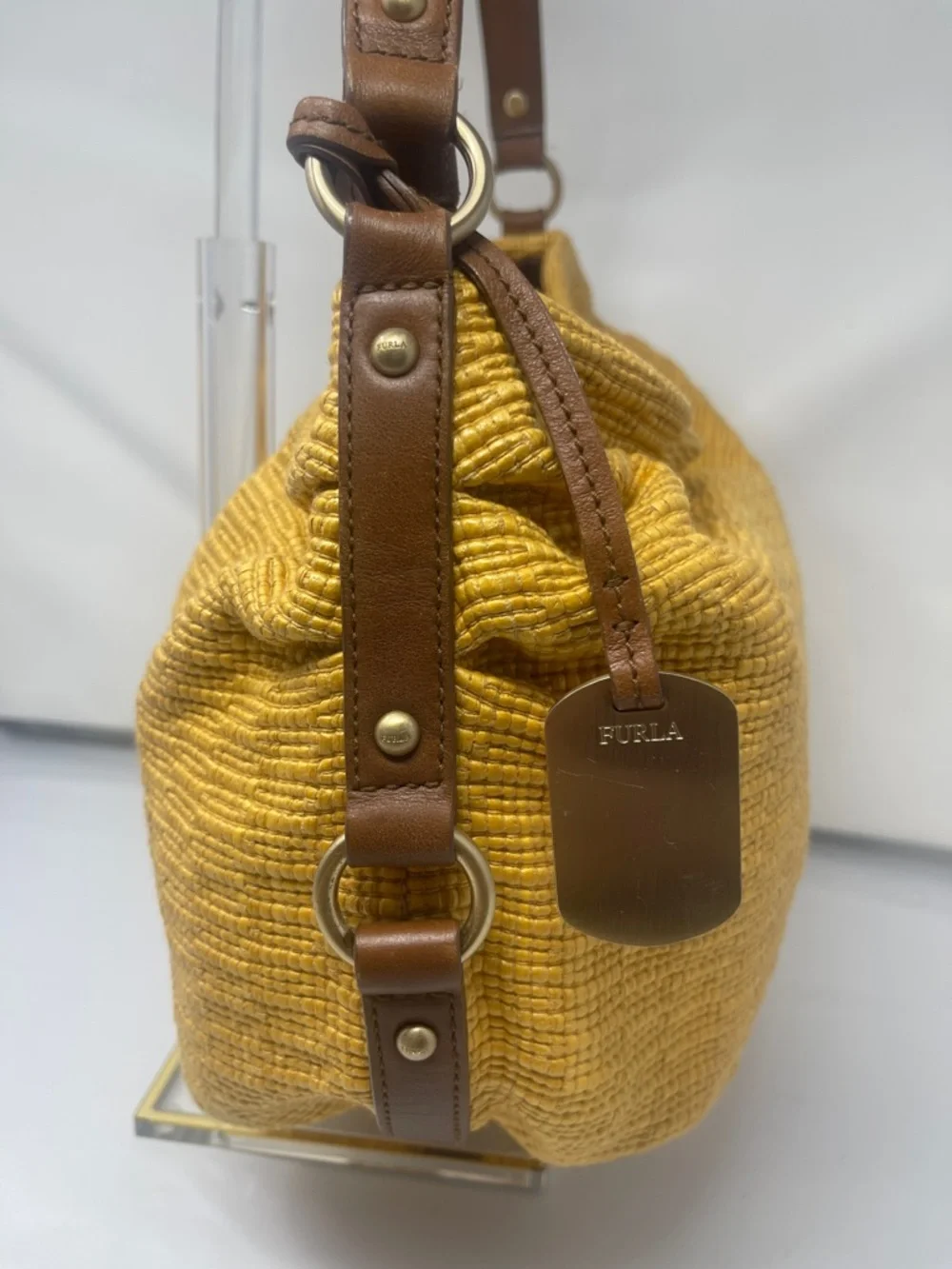 Furla Mustard yellow textured leather hobo bag